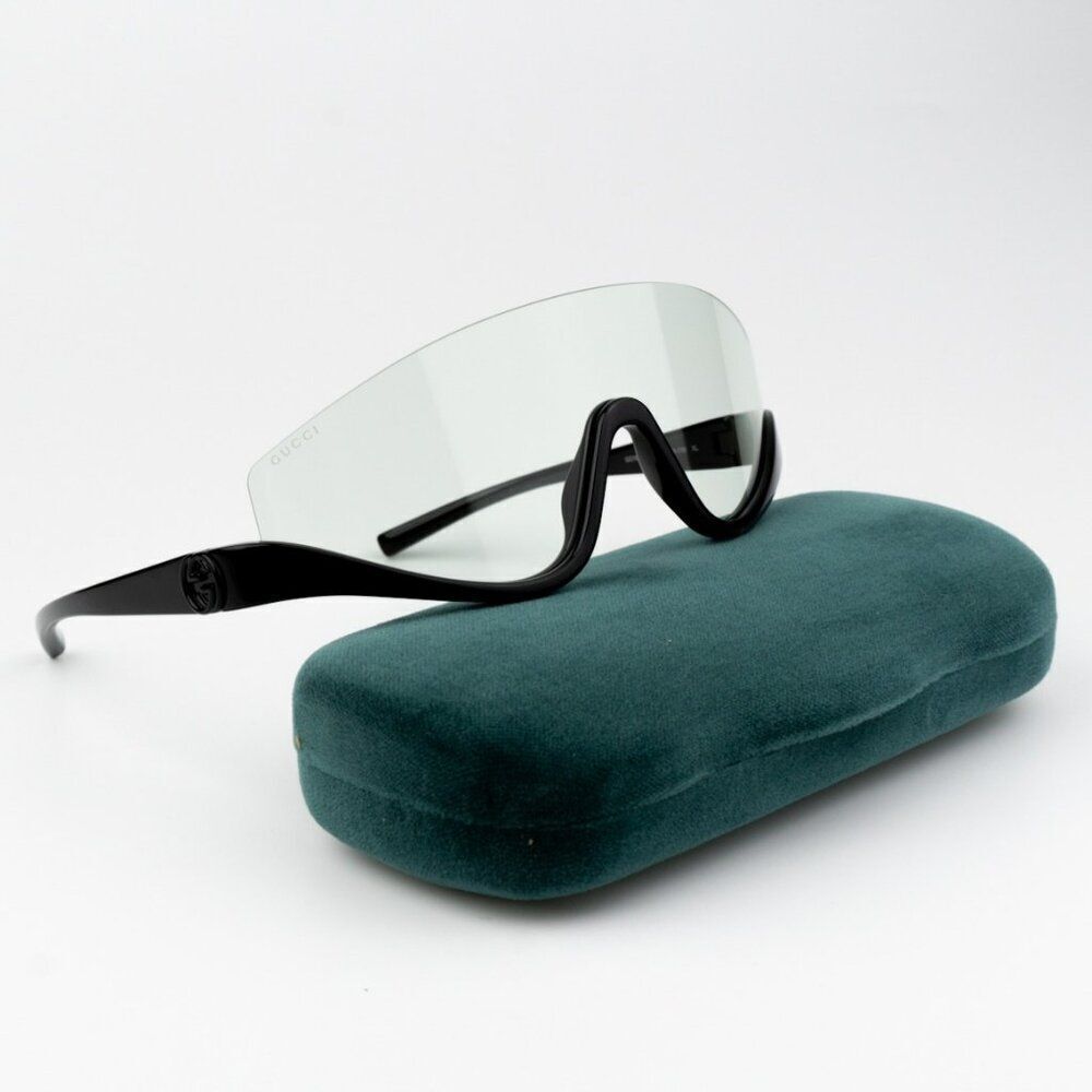 NEW Gucci GG1650S 005 Shiny Black  Green Unisex Shield Mask Sunglasses